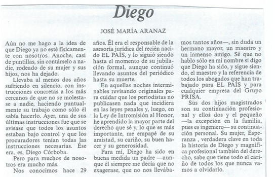 Artículo de Jose María Aranaz sobre Diego Córdoba