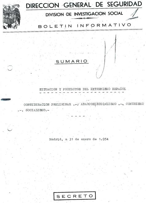 Portada de la Boletin Informativo a la Brigada Político Social de Zaragoza del 31 de Enero de 1954