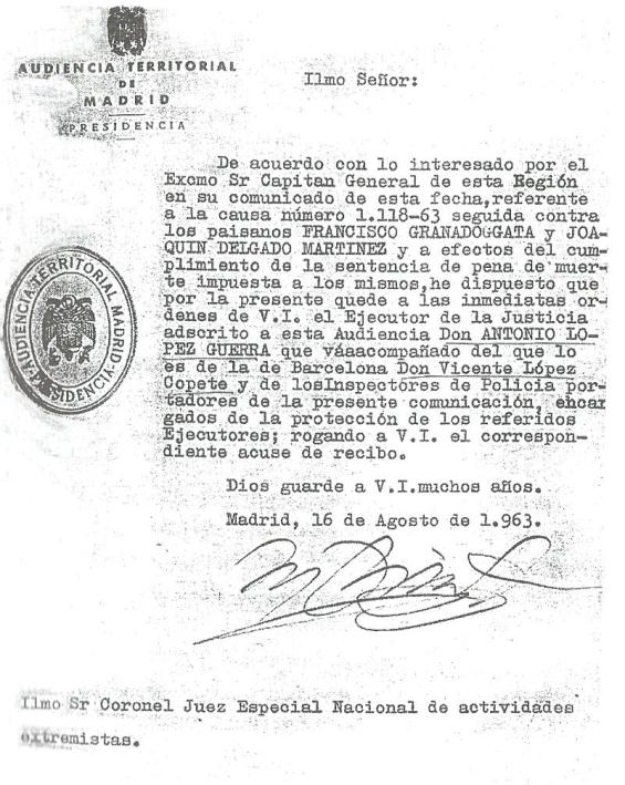 Orden de ejecución de Francisco Granado y joaquín Delgado.