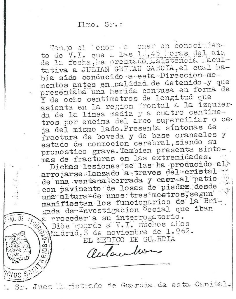 Informe médico de Julián Grimau de la Direccion General de Seguridad de 1962