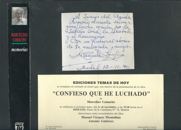 Invitación y dedicatoria firmada por Marcelino Camacho y Josefina Samper para Juanjo del Águila